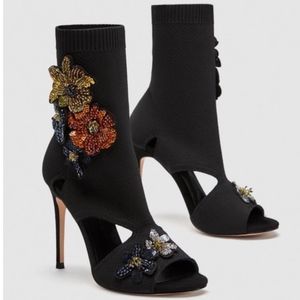 Zara Floral Sequin Beaded Sock Style Bootie Sandal